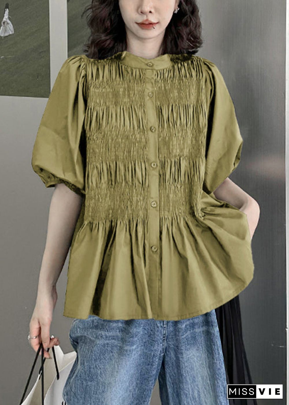 Green Wrinkled Patchwork Cotton Blouse Top O-Neck Half Sleeve