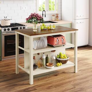 Tileon Cream White Kitchen Island Set w 2-Stools Rustic Wood Dining Table Kitchen Prep Table with 2-Open Shelf and Walnut Top AYBSZHD294