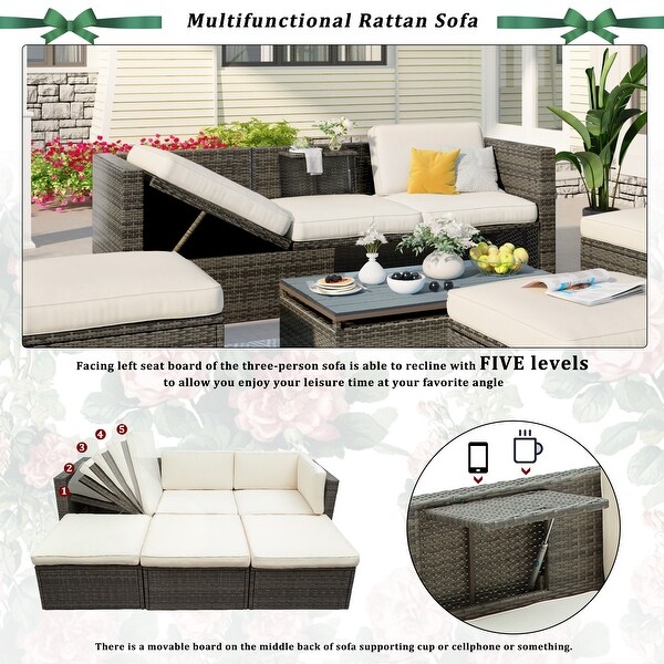 5 Pieces Outdoor Furniture Wicker Sectional Conversation Sofa Set LiftTop Coffee Table Adjustable Backrest Ottomans Rattan