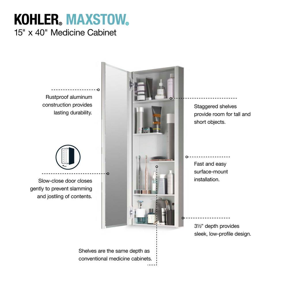 KOHLER Maxstow 15 in. x 40 in. Aluminum Frameless Surface-Mount Soft Close Medicine Cabinet with Mirror K-R79226-LA1