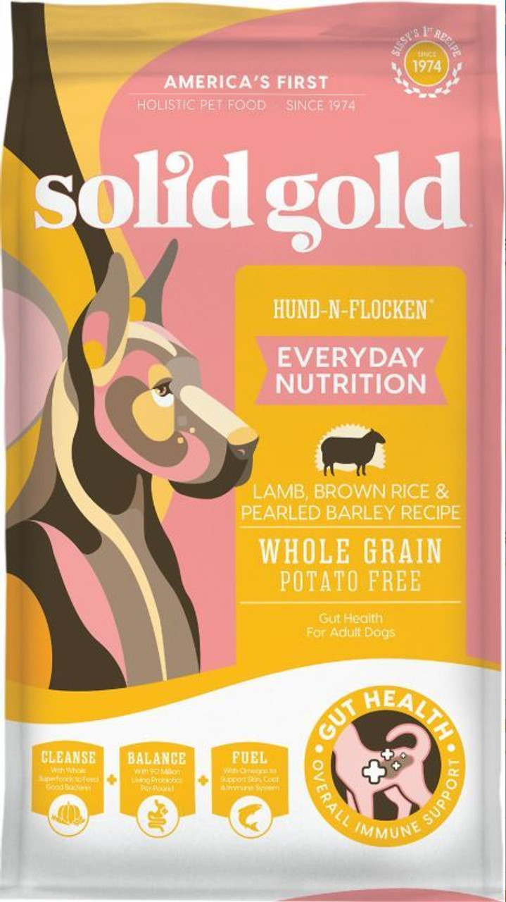 Solid Gold Hund-n-Flocken Lamb， Brown Rice and Pearled Barley Recipe Whole Grain Adult Dry Dog Food， 24lb. Bag