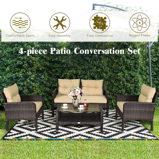 Costway 4pcs Patio Rattan Furniture Set Loveseat Sofa Coffee Table Sofa W cushion Garden