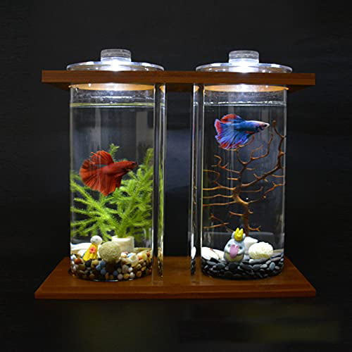 Oukaning Mini Fish Tank With Led Light Wooden Base Creative Double Glass Diy Aquarium