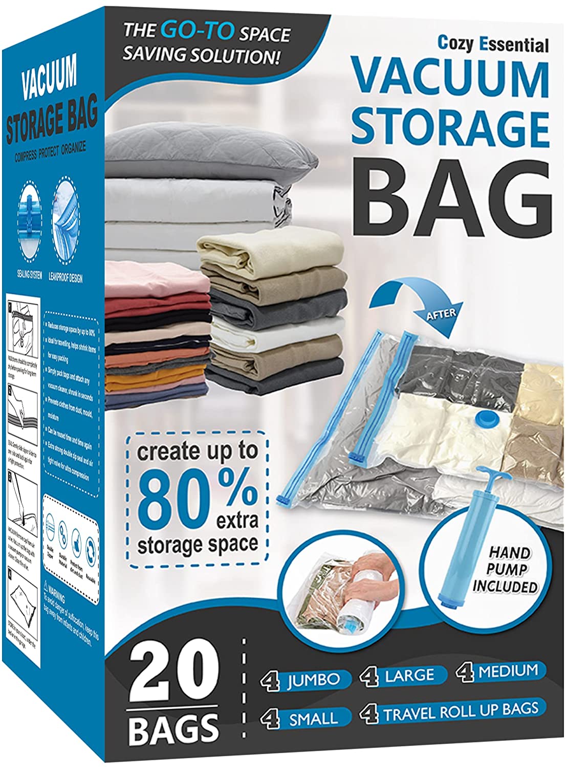 20 Pack Vacuum Storage Bags, Space Saver Bags (4 Jumbo/4 Large/4 Medium/4 Small/4 Roll) Compression Storage Bags for Comforters and Blankets, Vacuum Sealer Bags for Clothes Storage, Hand Pump Included