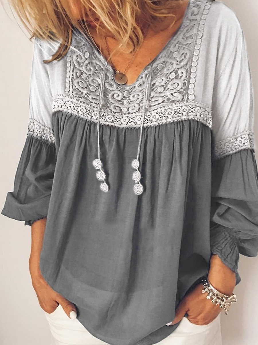 Casual Lace Panel Loose Long Sleeve Shirt