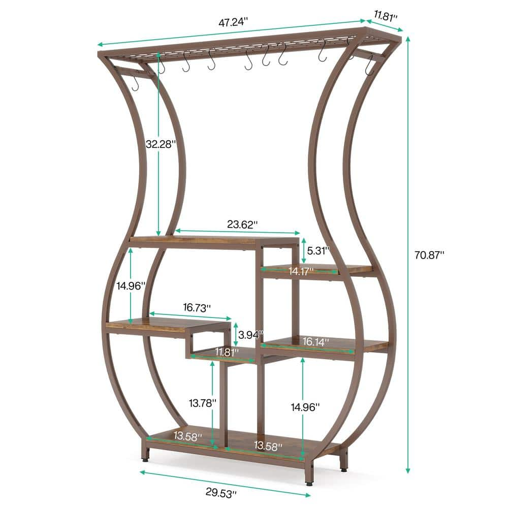 TRIBESIGNS WAY TO ORIGIN Eileen 71 in. Tall Brown Wooden Indoor Plant Stand 6-Tier Bonsai Flower Rack with 10 Hanging Hooks HD-JW0710-HYF