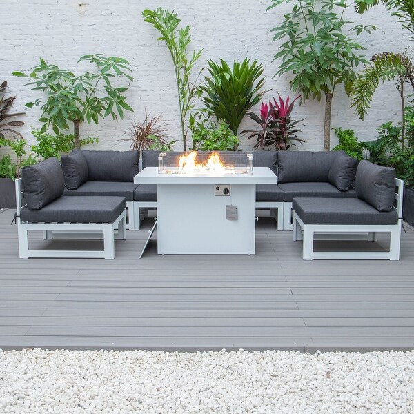 LeisureMod Chelsea 7Piece White Patio Sectional With Fire Pit Table