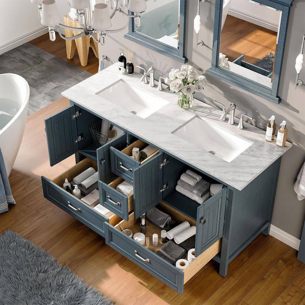 Eviva Britney 60 in. W x 22 in. D x 34 in. H Double Bath Vanity in Ash Blue with White Carrara Marble Top with White Sinks EVVN612-60AB