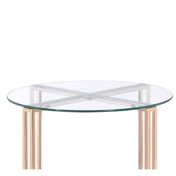 End Table with X Shaped Metal Base and Round Glass Top， Gold