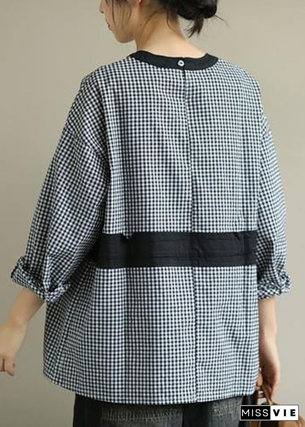 Elegant o neck tie waist fall Blouse Wardrobes black plaid shirt