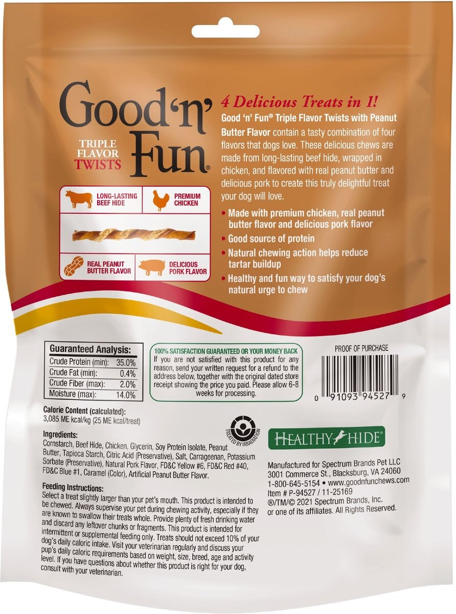 Good 'n' Fun Triple Flavor Peanut Butter Twists Dog Rawhide Treat， 7.9-oz bag， 30 count