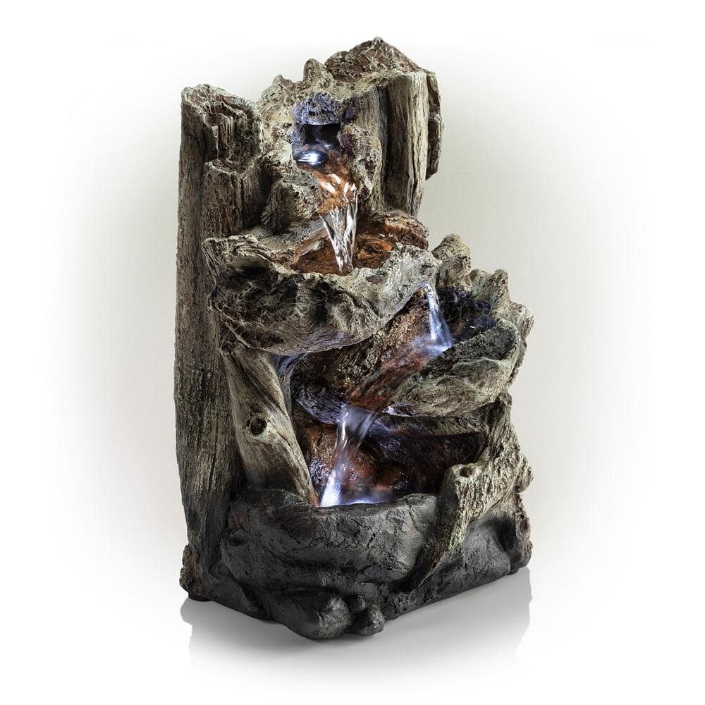 Alpine Corporation 14 in. Tall Indoor Tiered Log Tabletop Fountain with LED Lights WIN794S