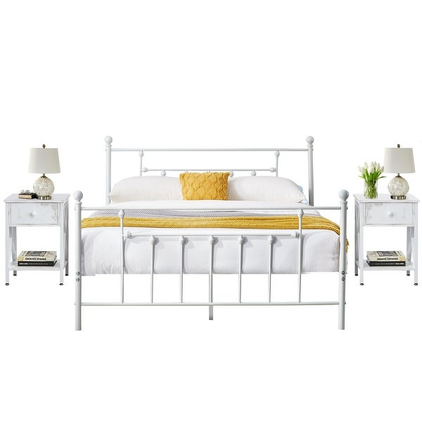 Taomika，（Set of 3）3-Pieces White Bedroom Set Platform Bed Frame and Modern Nightstand-2 - - 35026078