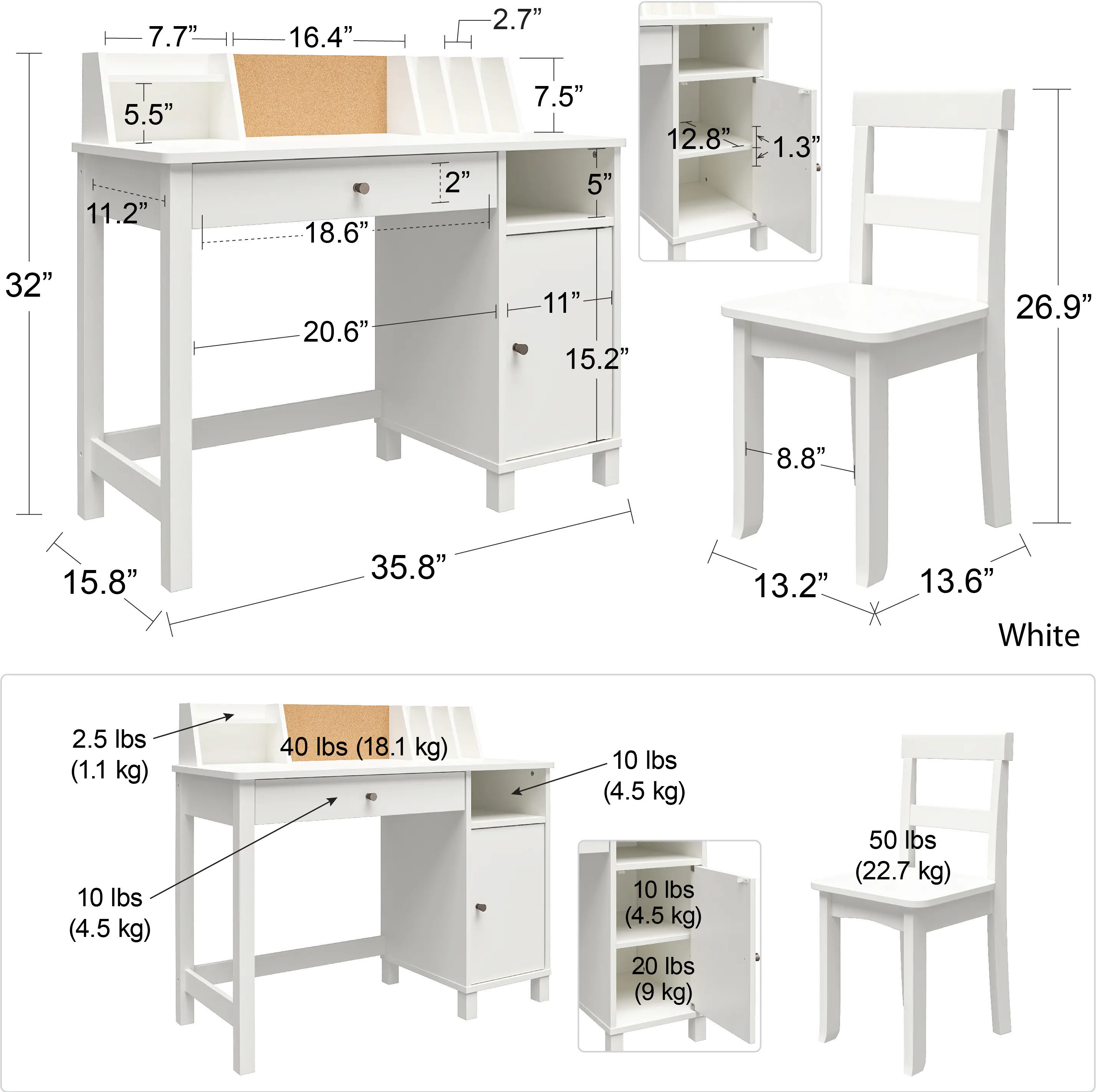 Abigail Kids White Desk with Chair