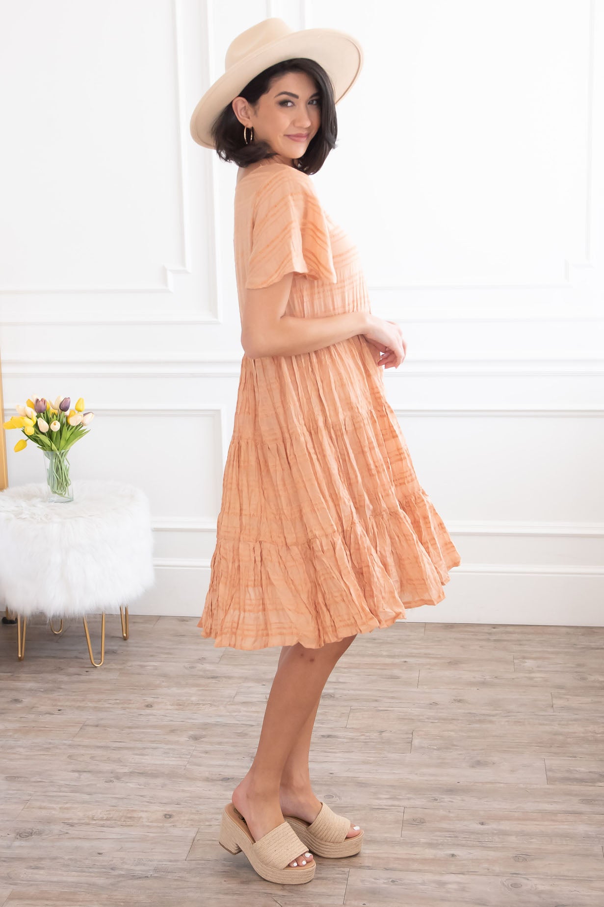 Short Sleeve Midi Dress-Apricot