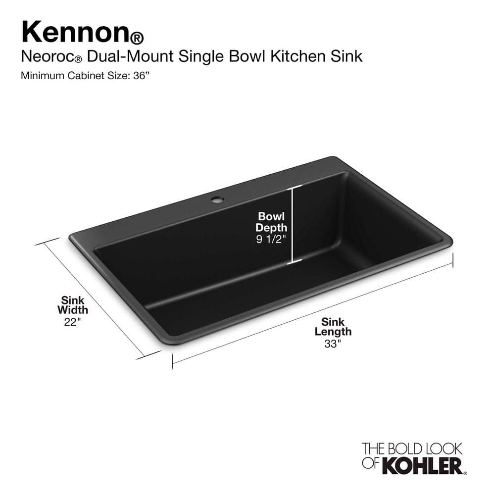 KOHLER K-8437-1-CM1 Kennon Dual Mount Neoroc Granite Composite 33 in. 1-Hole Single Bowl Kitchen Sink in Matte Black with Basin Rack