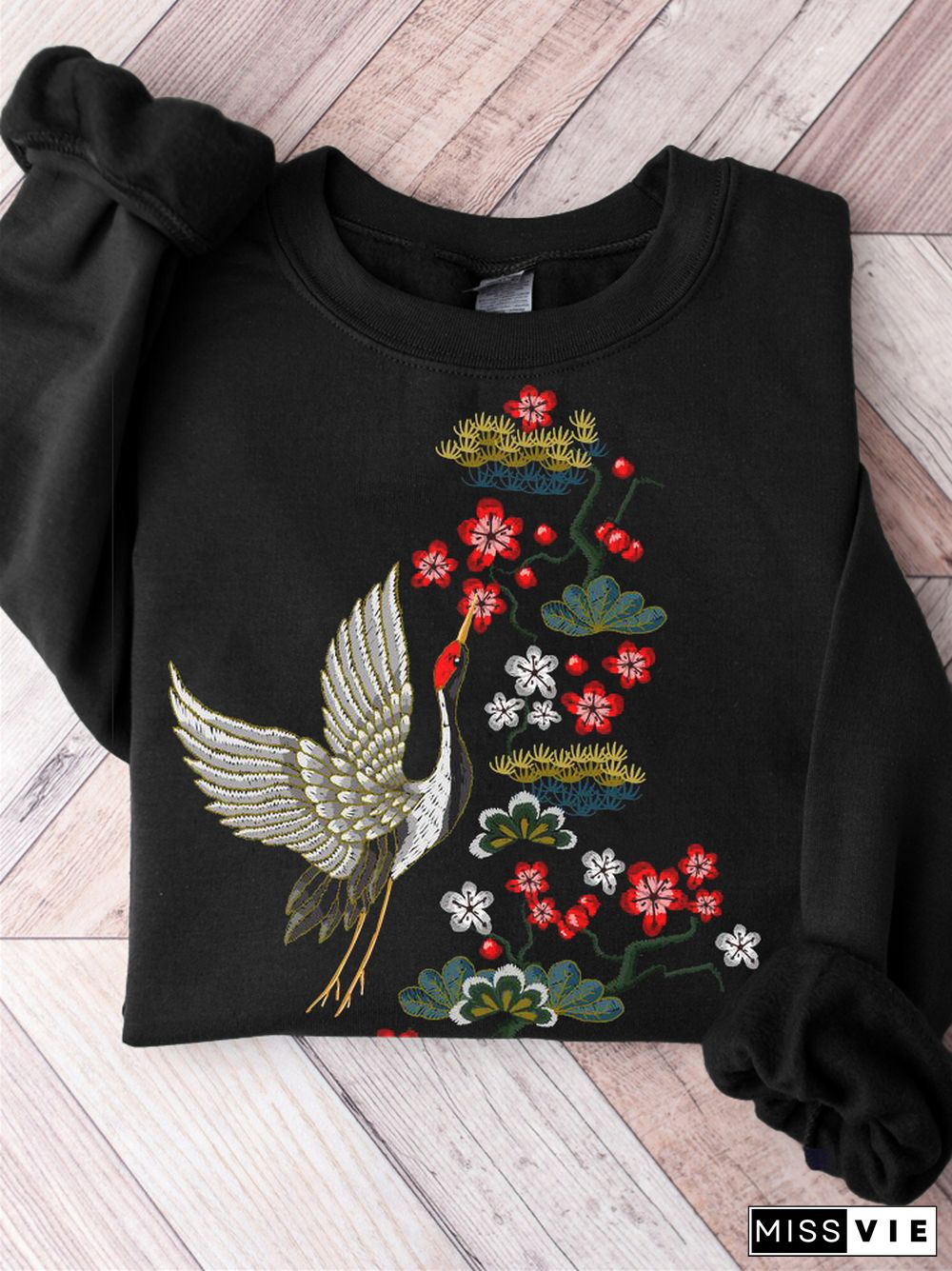 Crane & Flowers Japanese Embroidery Art Sweatshirt