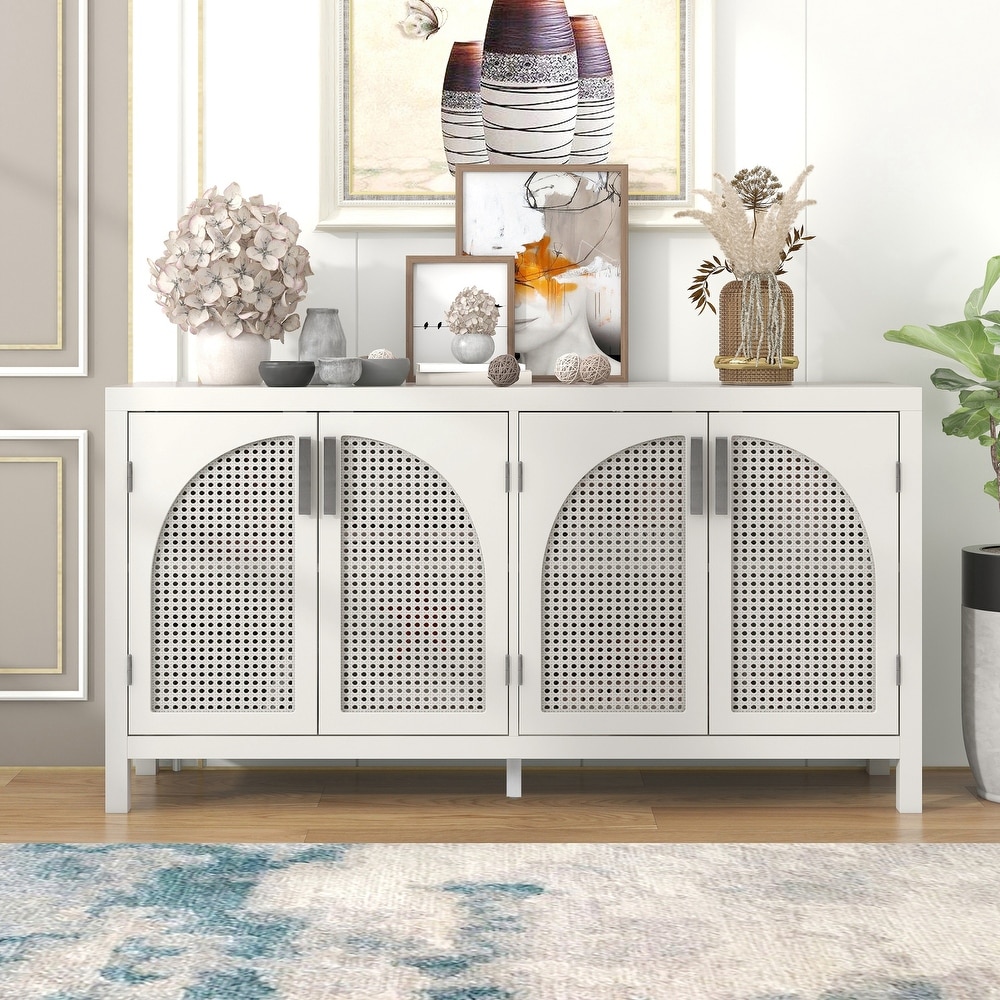 Large Storage Space Sideboard with Artificial Rattan Door and Metal Handles for Living Room   Entryway