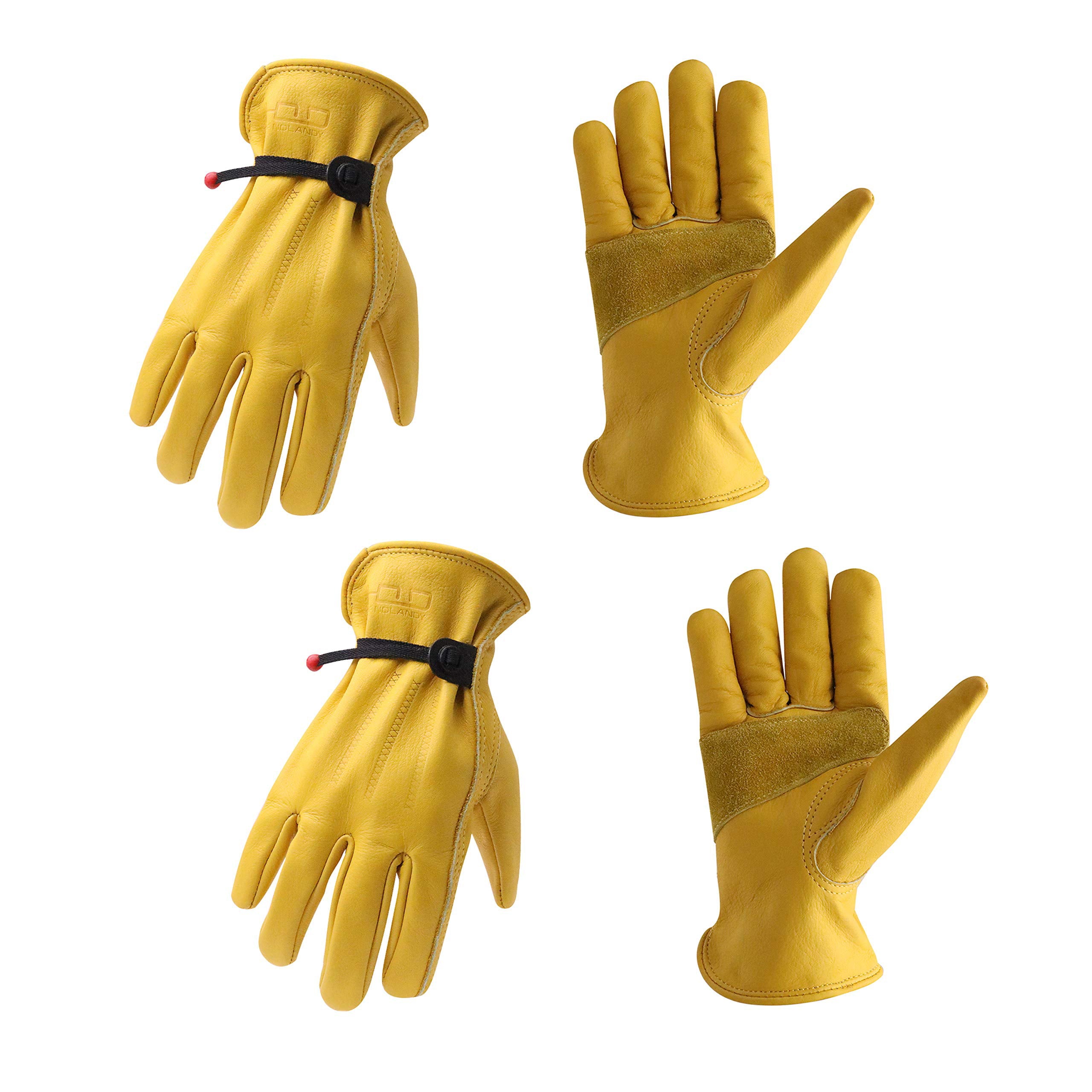 HANDLANDY 2 Pairs Cowhide Leather Work Gloves for Men Women,Adjustable Wrist, Puncture and Cut Resistant, Rigger Glove for Driver, Yardwork, Gardening (Medium, Yellow)