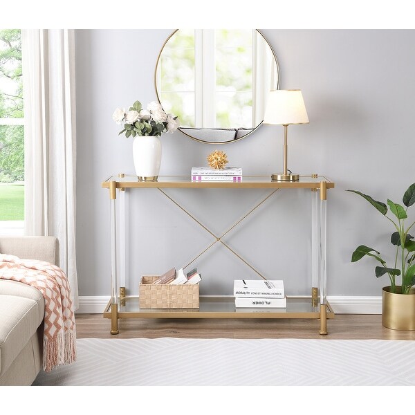 Grondin Modern Contemporary 2-Tier Console Table with Tempered Glass Top， Bottom Shelf， Steel and Acrylic Frame