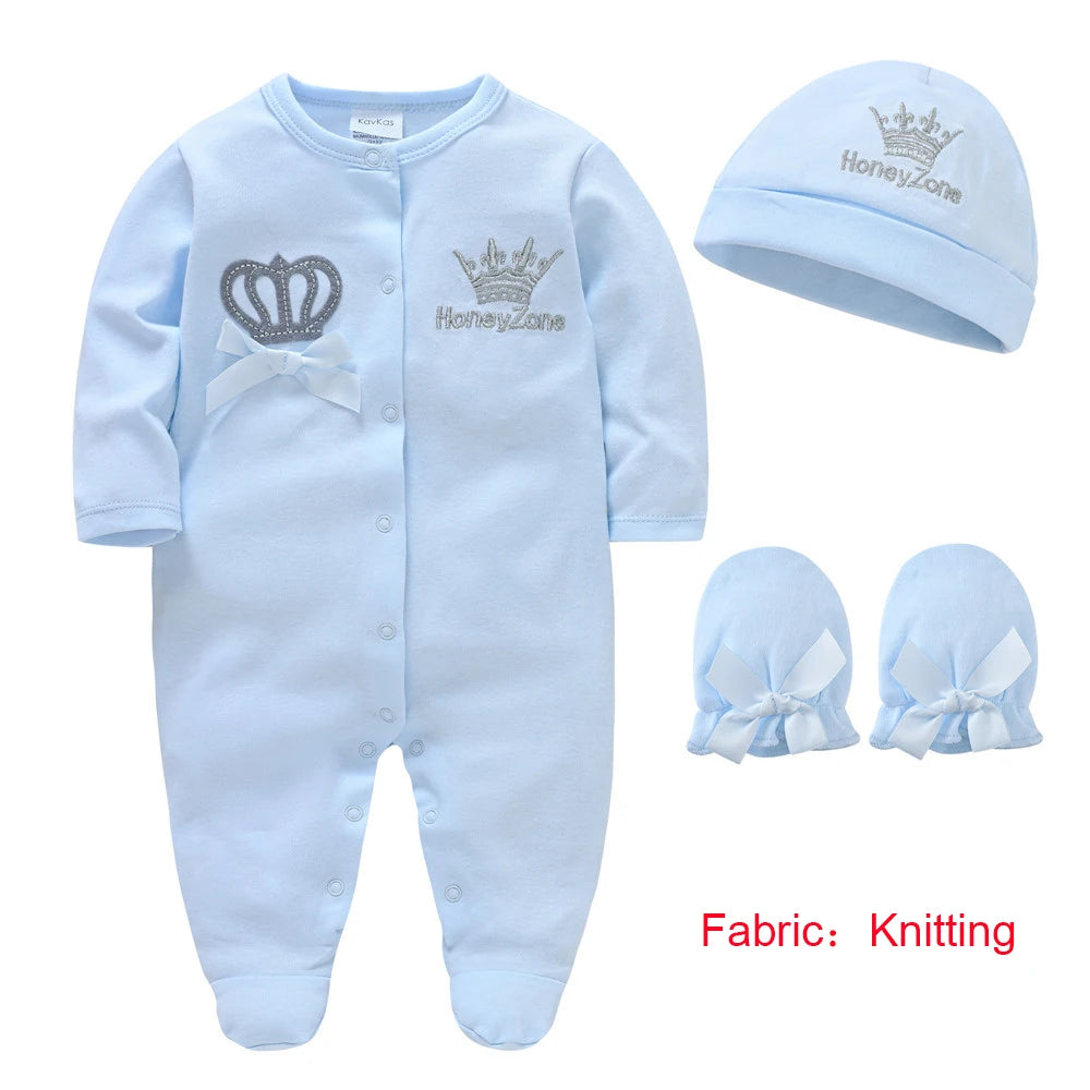 Honeyzone Baby Boy Girls Clothes Romper+Gloves+Hat 3 Pcs/lot Crown Design Cotton Bebe Clothing Long Sleeve Infant Jumpsuit