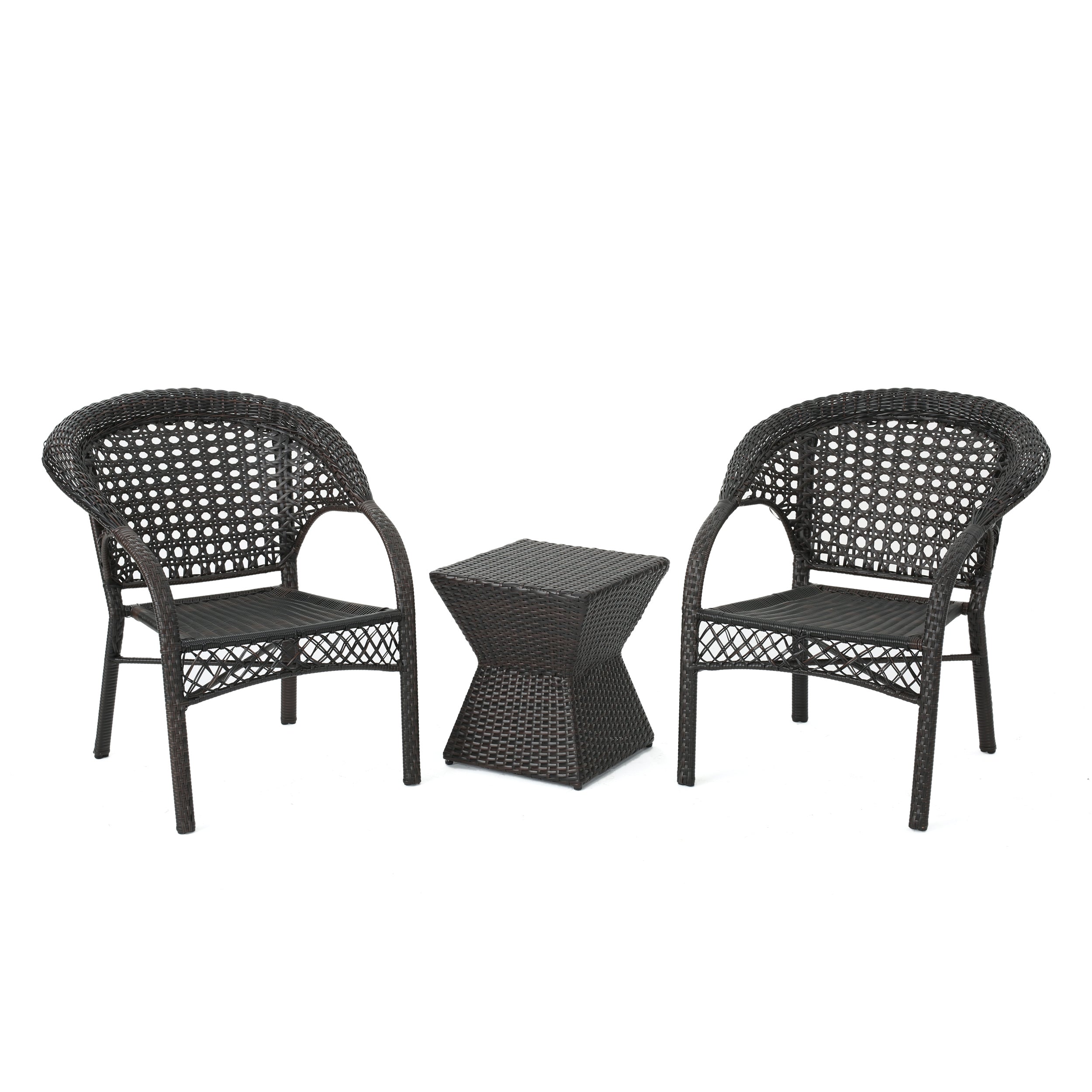 Mason Outdoor 3 Piece Multi-Brown Wicker Chat Set with Stacking Chairs