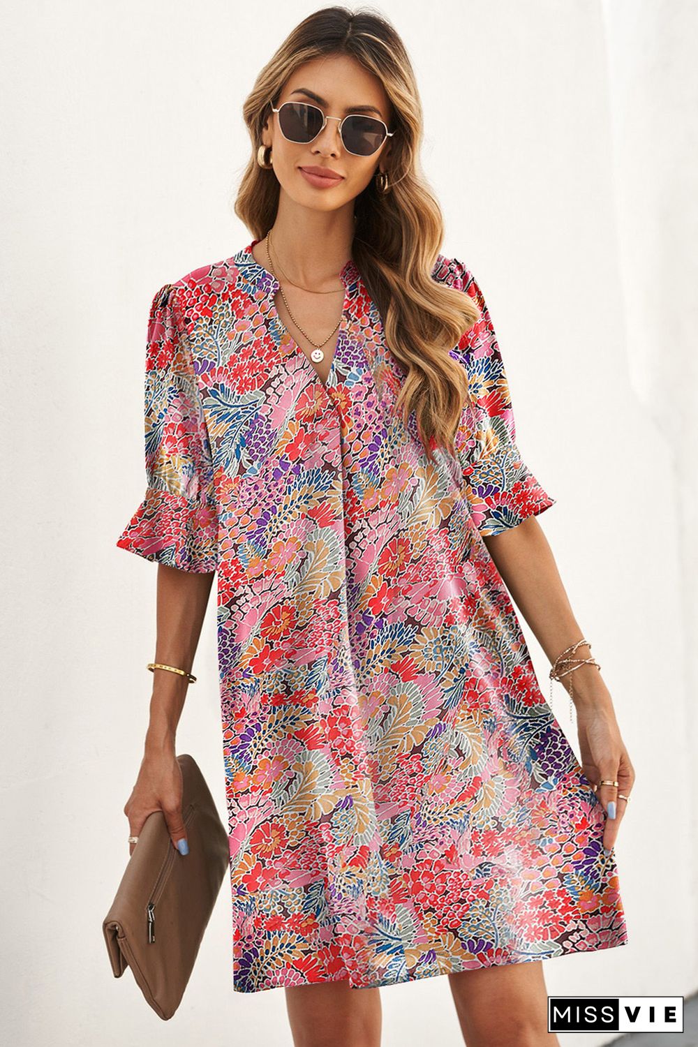 Multicolor Boho Floral Printed Flutter Sleeve Dress