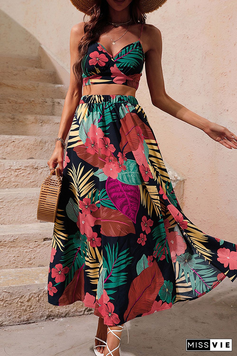 Palm Leaf Floral Print Top and Skirt 2PCS Set