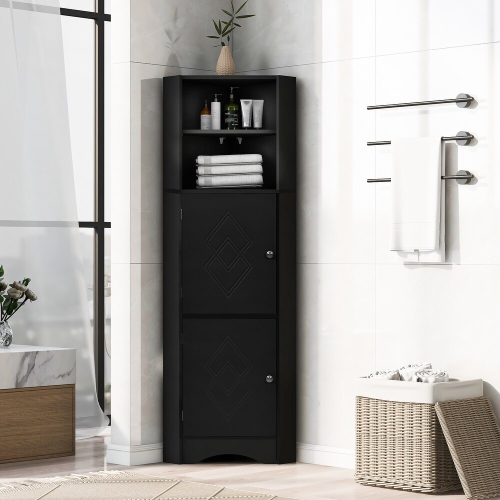 Tall Bathroom Corner Cabinet  Freestanding Floor Black Storage Organizer Bookcase with Adjustable Shelves and Doors for Office