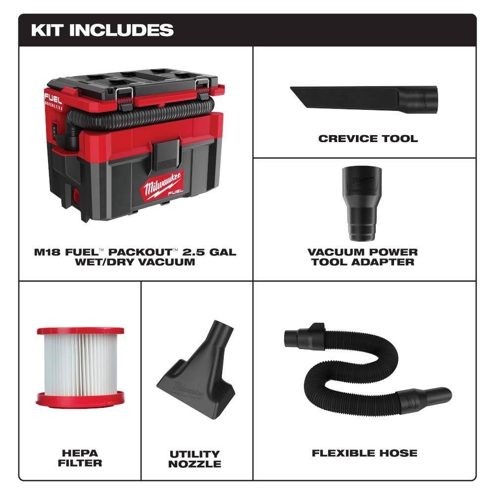 MW M18 FUEL PACKOUT 18-Volt Lithium-Ion Cordless 2.5 Gal. WetDry Vacuum with (2) M18 HIGH OUTPUT 6.0 Ah Batteries 0970-20-48-11-1862