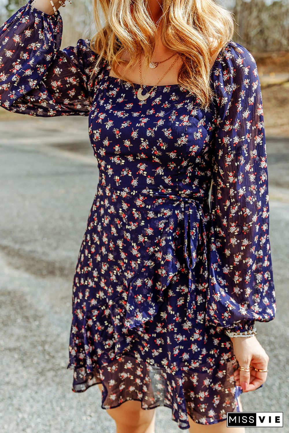 Blue Floral Print Smocked Square Neck Bubble Sleeve Dress