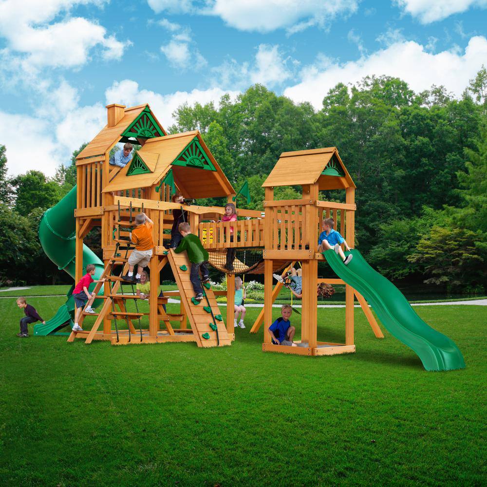 Gorilla Playsets Treasure Trove I Wooden Outdoor Playset with 2 Slides Clatter Bridge Rock Wall and Backyard Swing Set Accessories 01-1021-AP