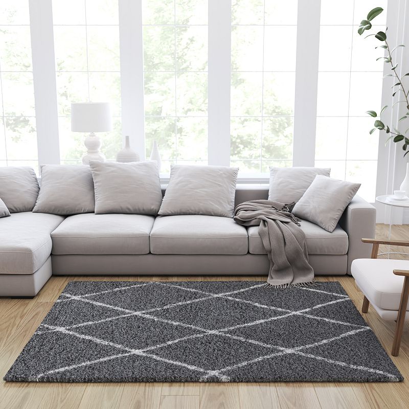 Merrick Lane Shag Style Diamond Trellis Area Rug - 5' x 7' - Charcoal/Ivory Polyester (PET)