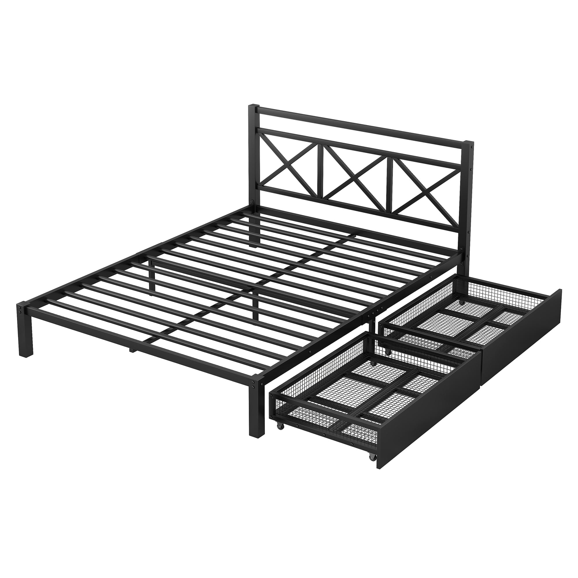 Metal Queen Size Platform Bed with Two Drawers for Living Room, Black