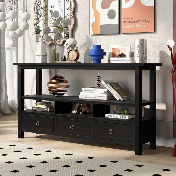 Rustic Solid Console Table Double-Storey Tabletop with Three Drawers