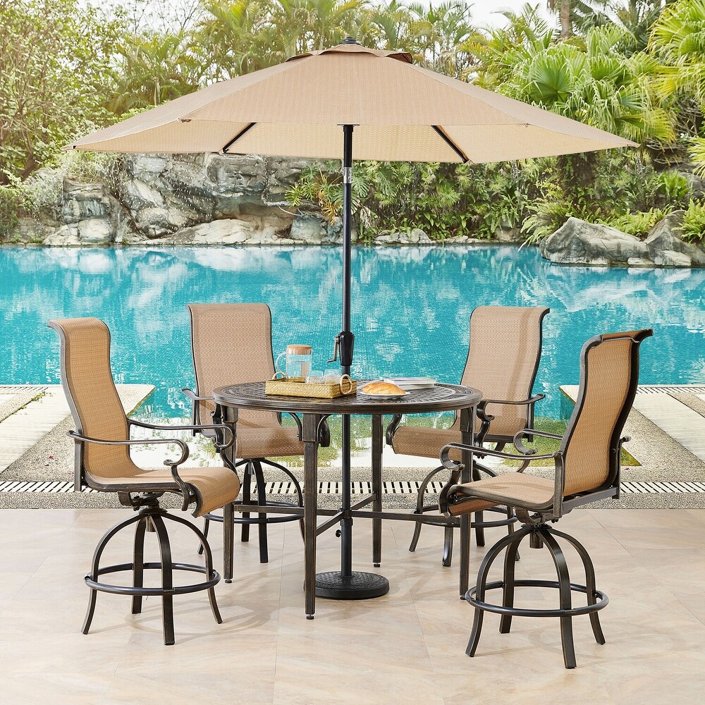 Hanover Brigantine 5 Piece Outdoor High Dining Set with 4 Sling Swivel Chairs  50 In. Round Table  9 Ft. Umbrella  and Base