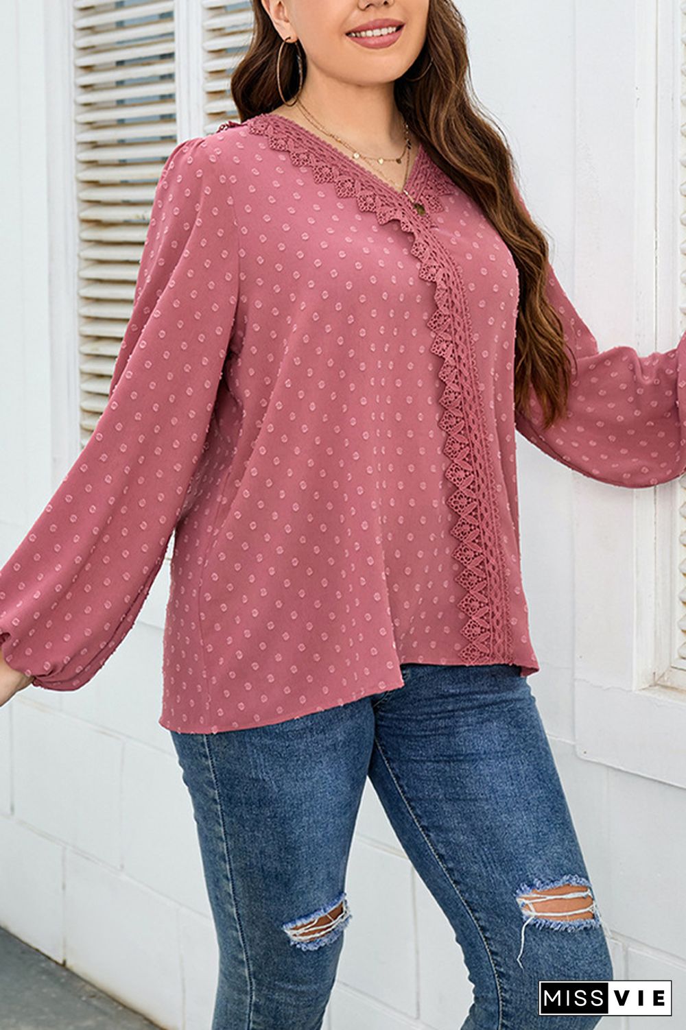 Plus Size Swiss Dot Crochet Puff Sleeve Blouse