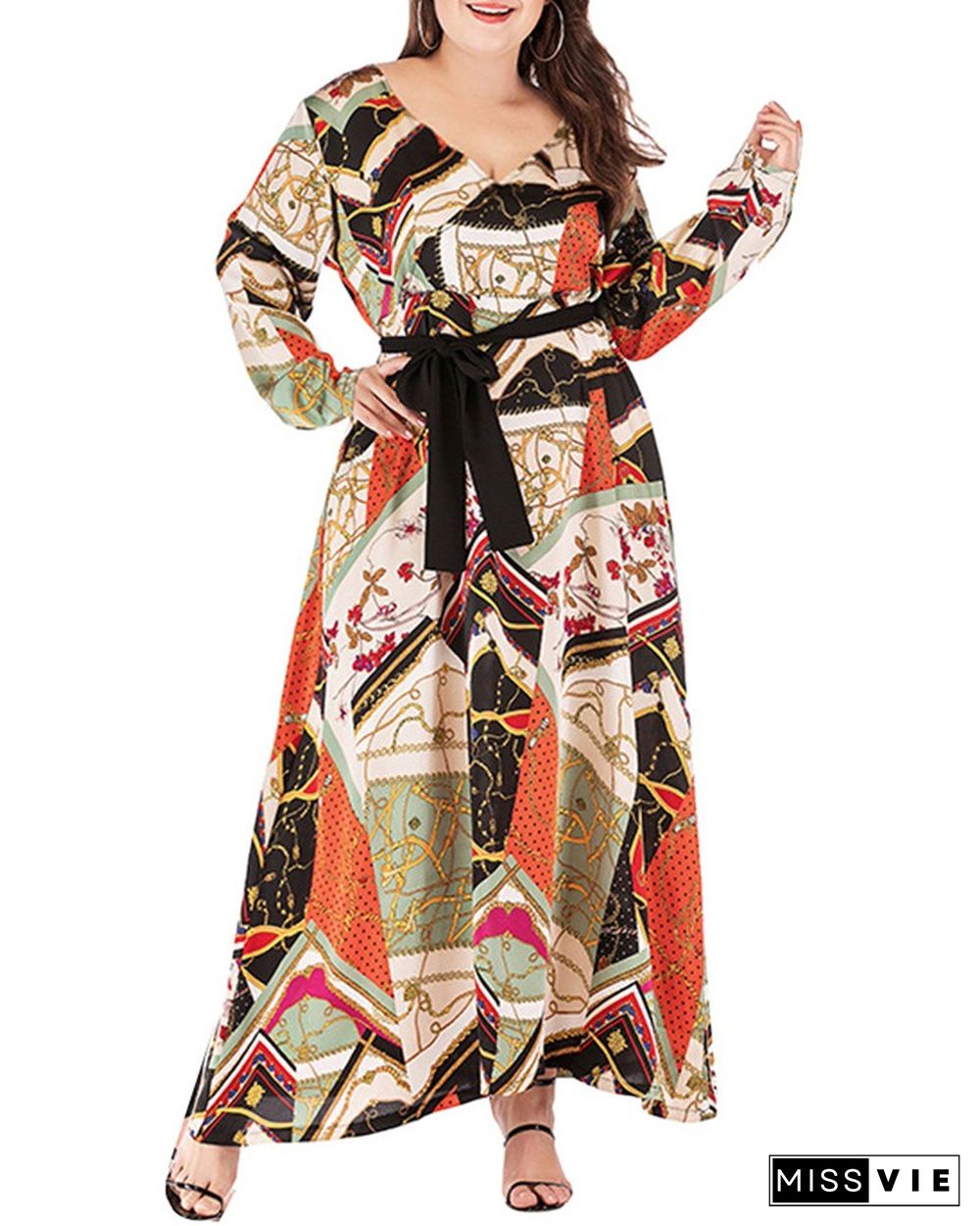 Plus Size Tied Detail Scarf Print Long Sleeve Maxi Dress