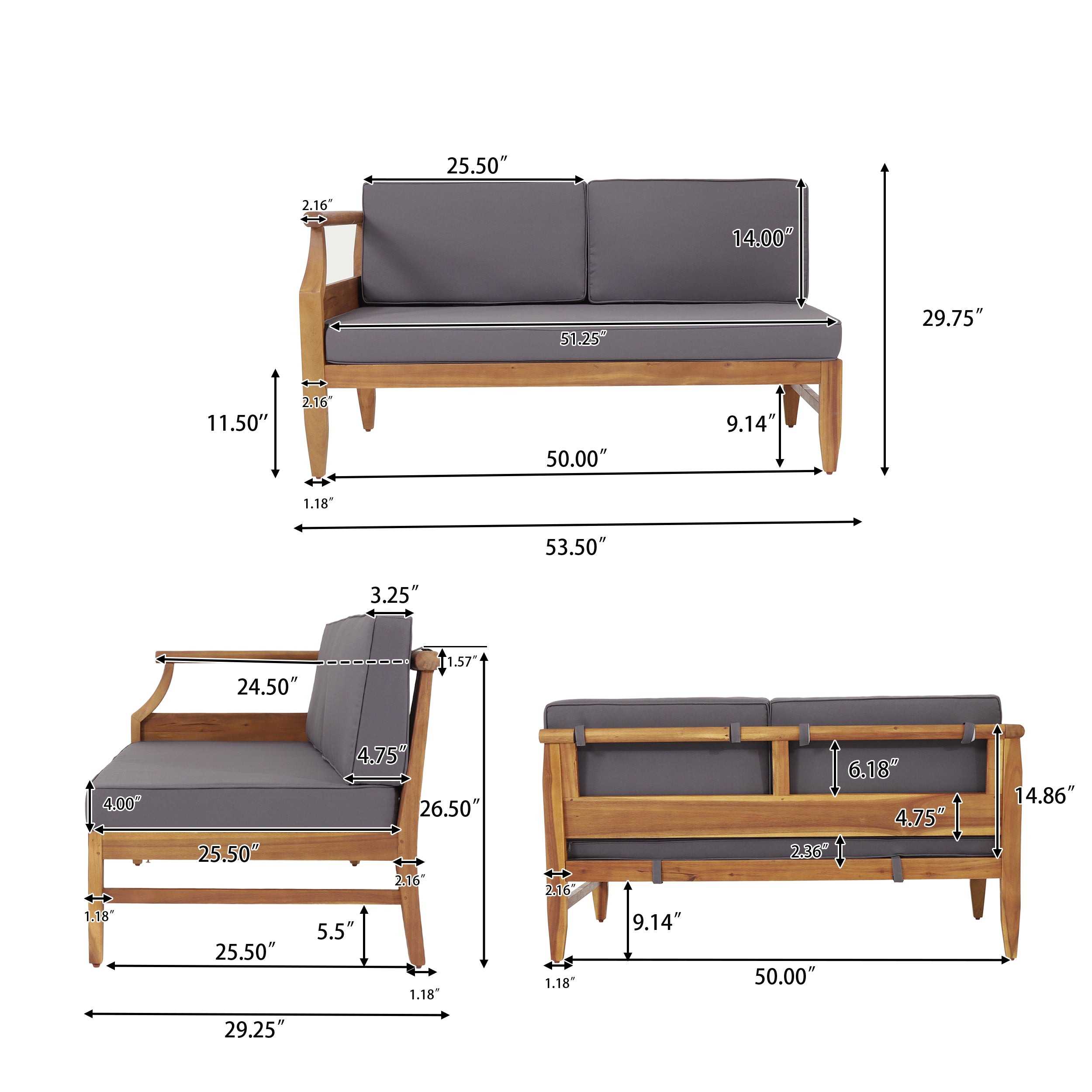 Bianca Outdoor Mid-Century Modern Acacia Wood 5 Seater Sectional Chat Set with Cushions, Teak and Dark Gray