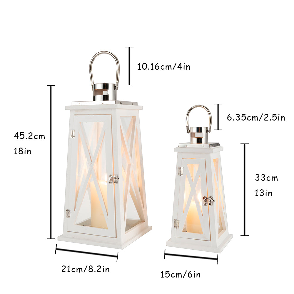 JHY DESIGN Set of 2 Metal Outdoor Candle Lantern， Decorative Wooden and Stainless Steel Candle Lantern with Tempered Glass (White Trapezoid)