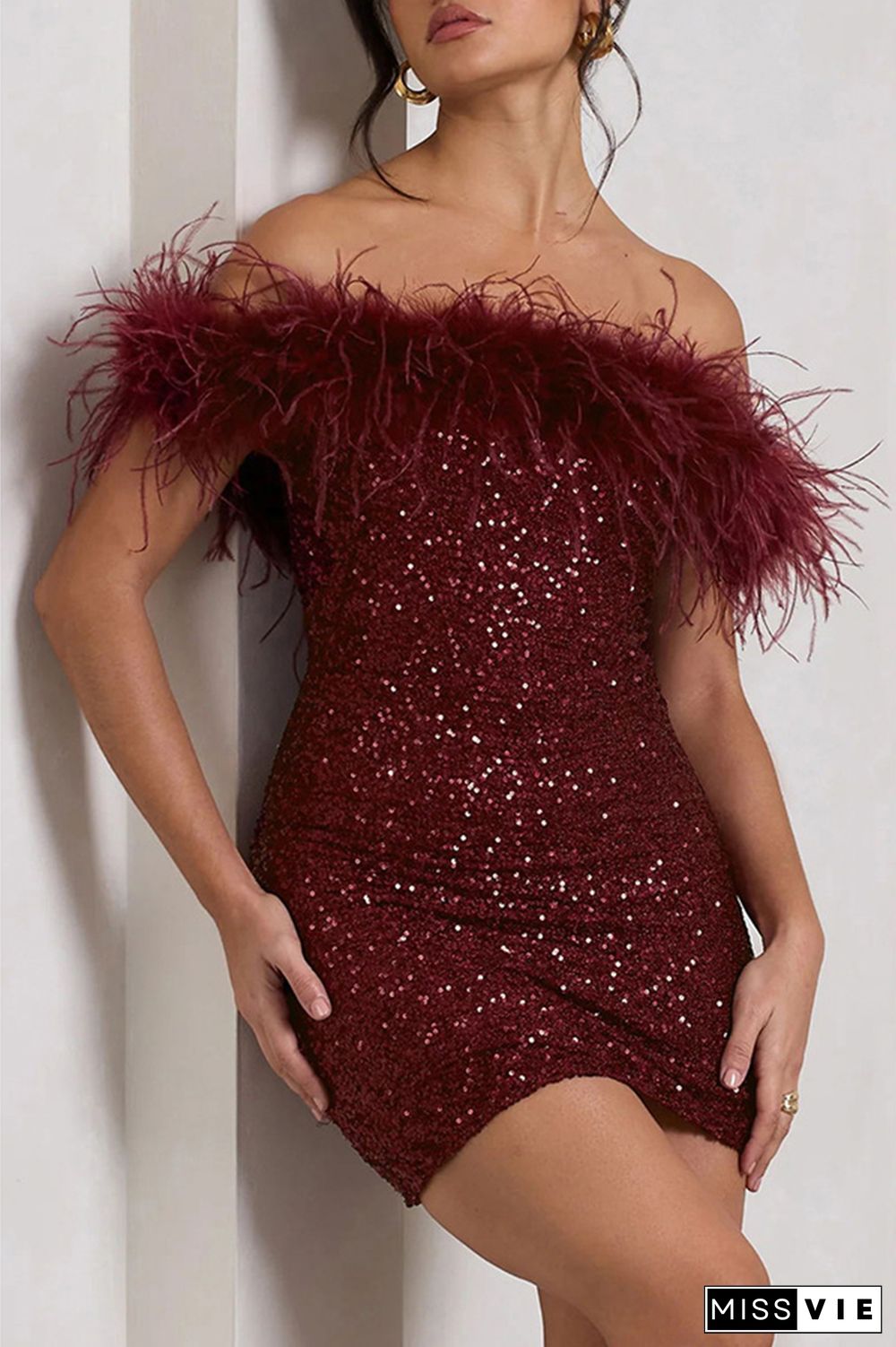 Sexy Solid Sequins Feathers Off the Shoulder Wrapped Skirt Dresses