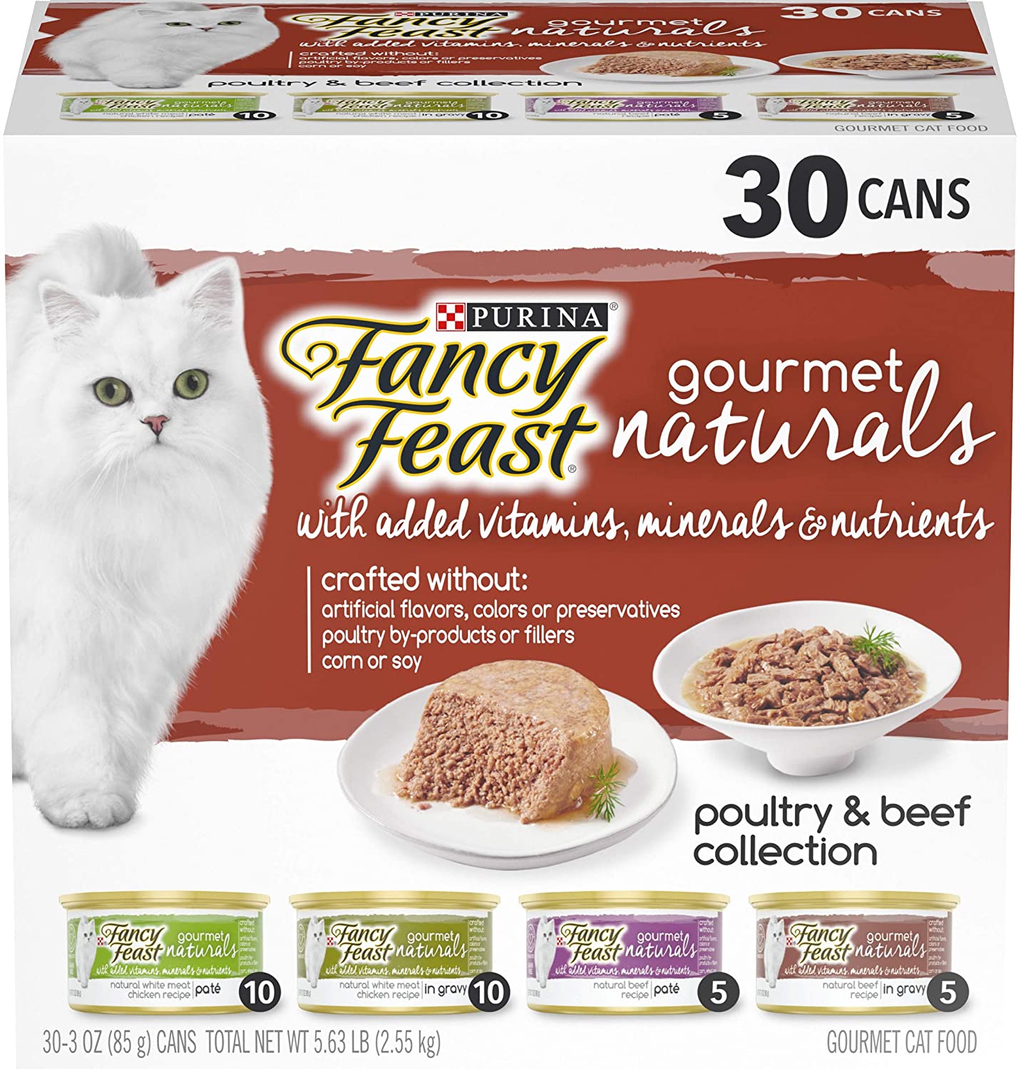 Purina Fancy Feast Natural Wet Cat Food Variety Pack， Gourmet Naturals Poultry and Beef Collection - (30) 3 oz. Cans