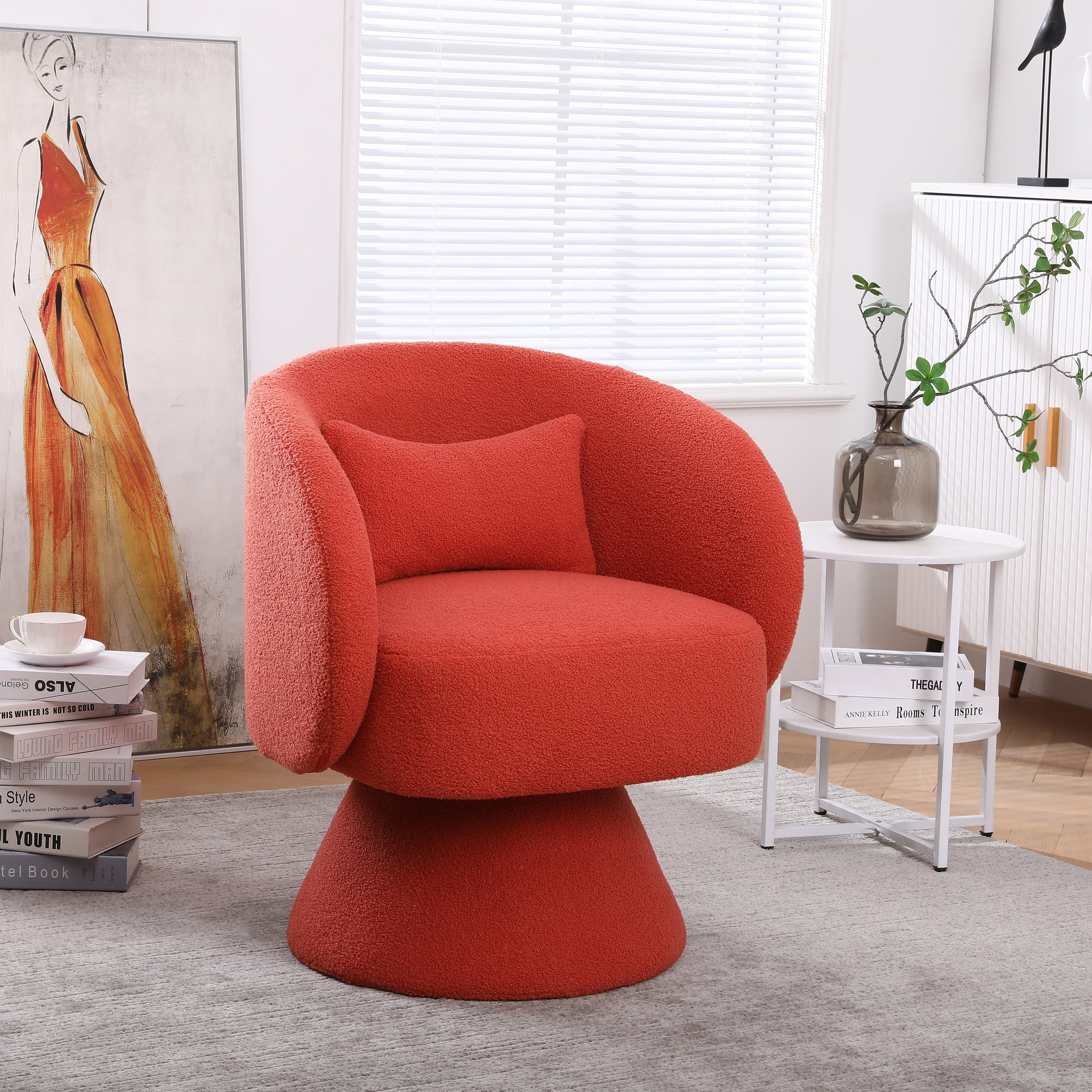 Modern Accent Chair Swivel Armchair， Round Fabric Barrel Chairs Single Sofa Lounge Chair with Small Pillow for Living Room