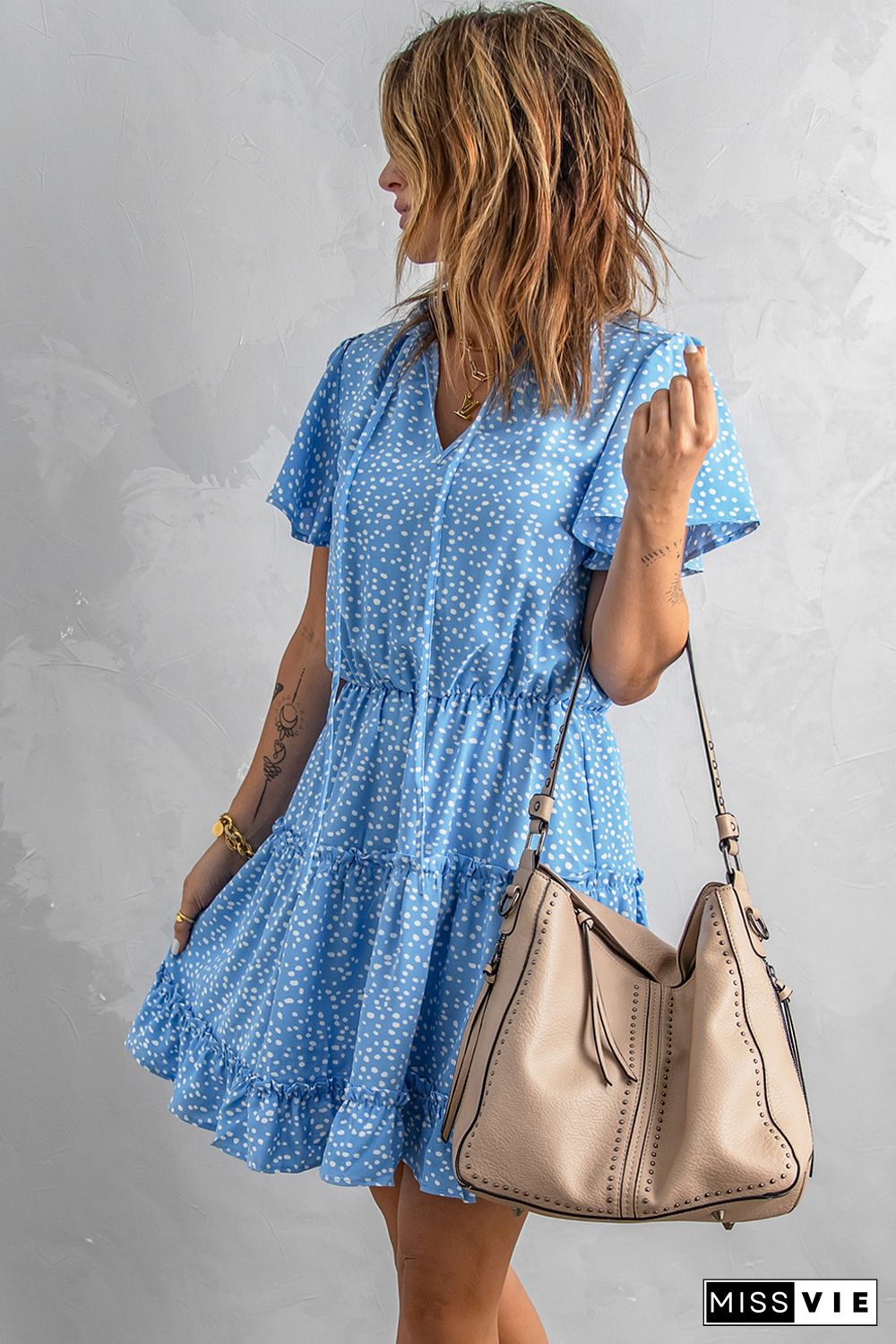 Blue Dotted Print Split Neck Flutter Sleeve Flowy Tunic Mini Dress