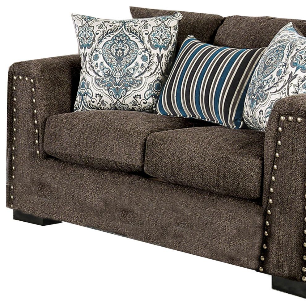 Modern Fabric Upholstered Wooden Loveseat With Nailhead Trim  Brown   Transitional   Loveseats   by VirVentures  Houzz