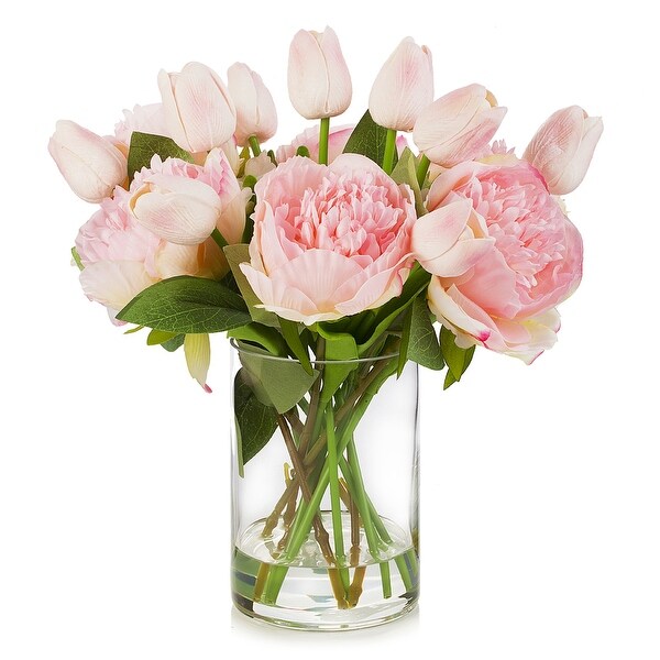 Enova Home Mixed Artificial Real Touch Tulip and Peony Fake Flowers Arrangement in Cylinder Glass Vase for Home Decór