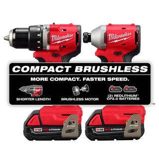 MW M18 18-Volt Lithium-Ion Brushless Cordless Compact DrillImpact Combo Kit (2-Tool) w(2) 2.0 Ah Batteries Charger  Bag 3692-22CT