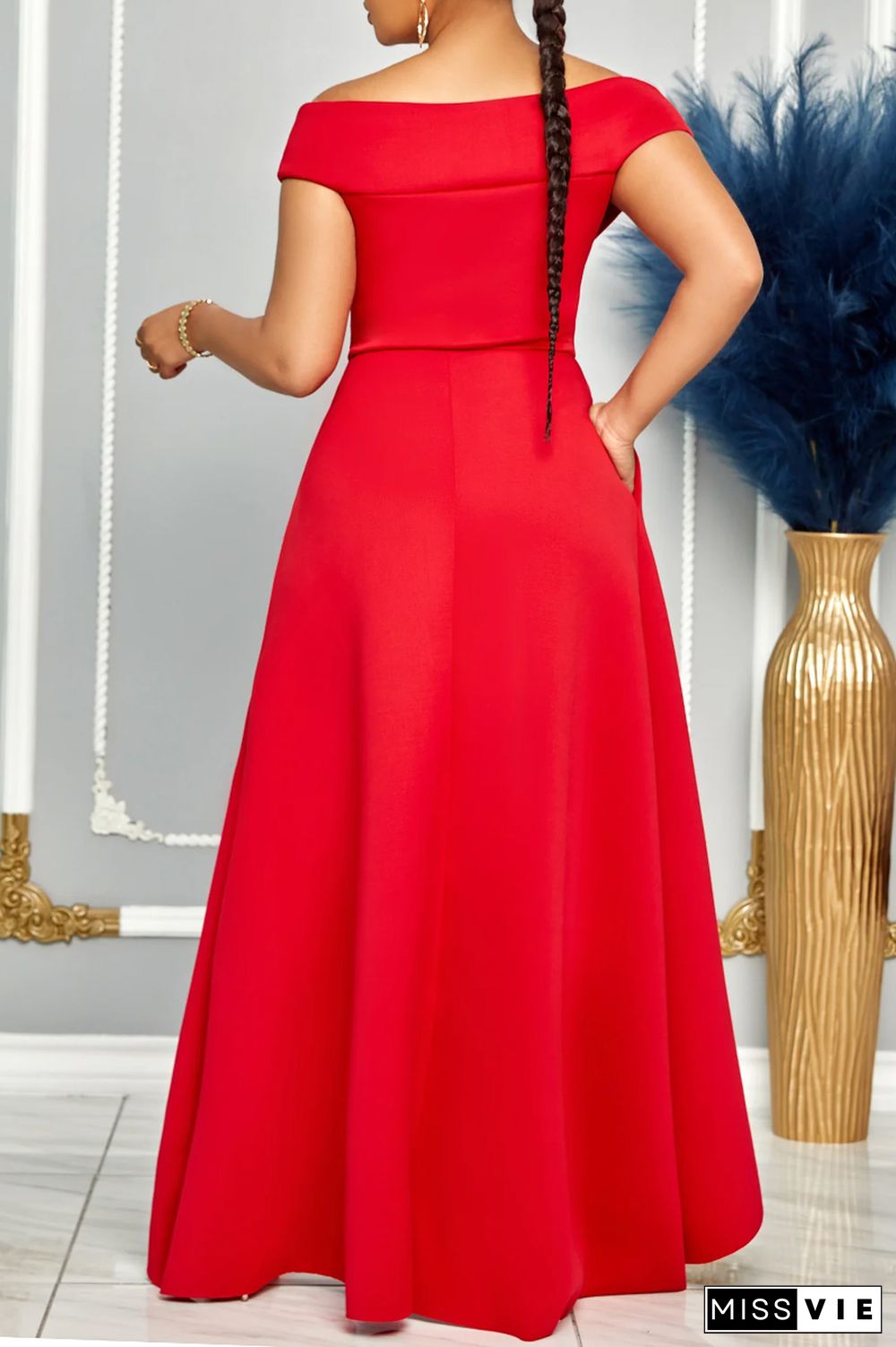 Red Daily Celebrities Elegant Patchwork Flounce Solid Color V Neck Asymmetrical Dresses