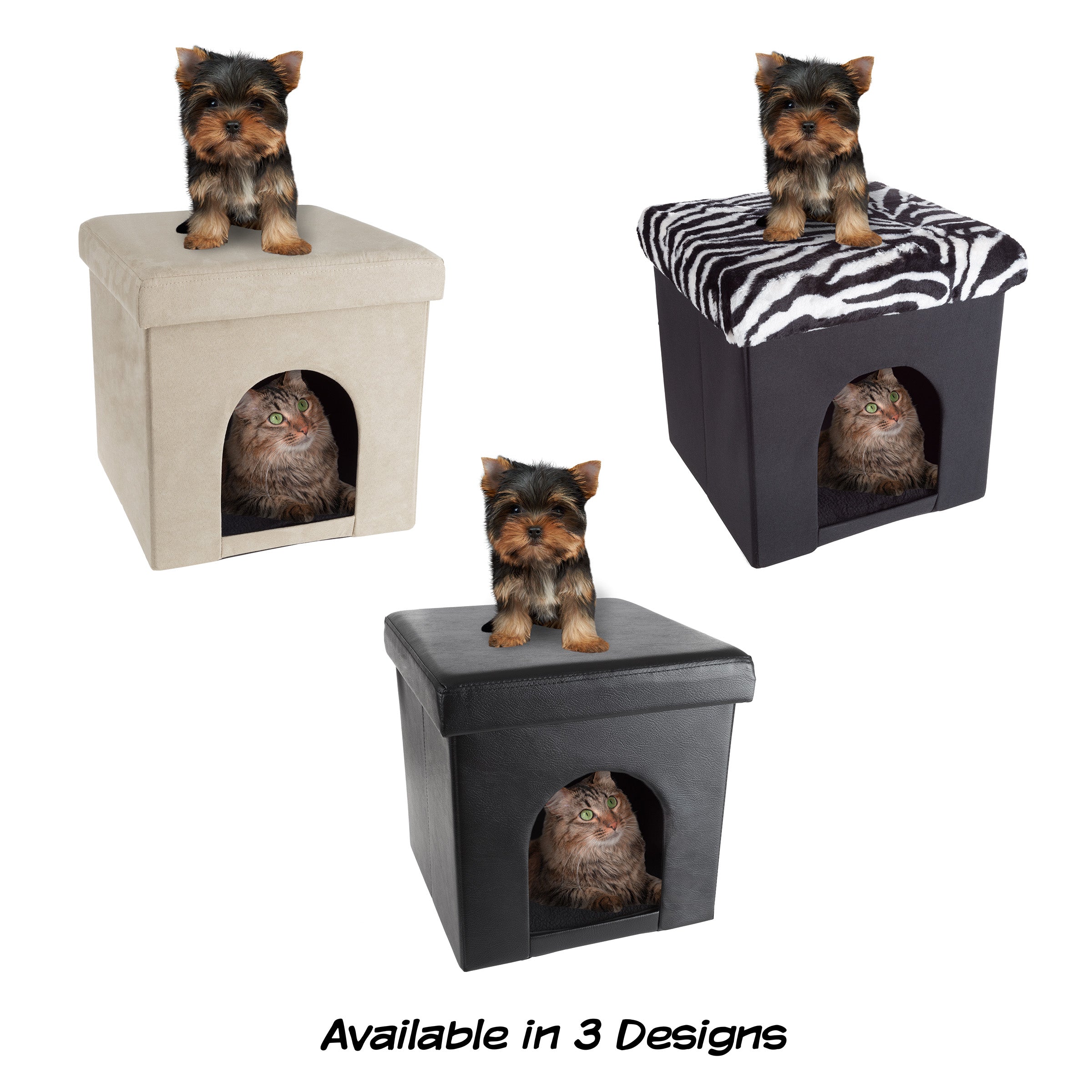 Pet House Ottoman - Collapsible Multipurpose Small Dog or Cat Bed Cube and Footrest with Cushion Top and Interior Pillow by PETMAKER (Black)