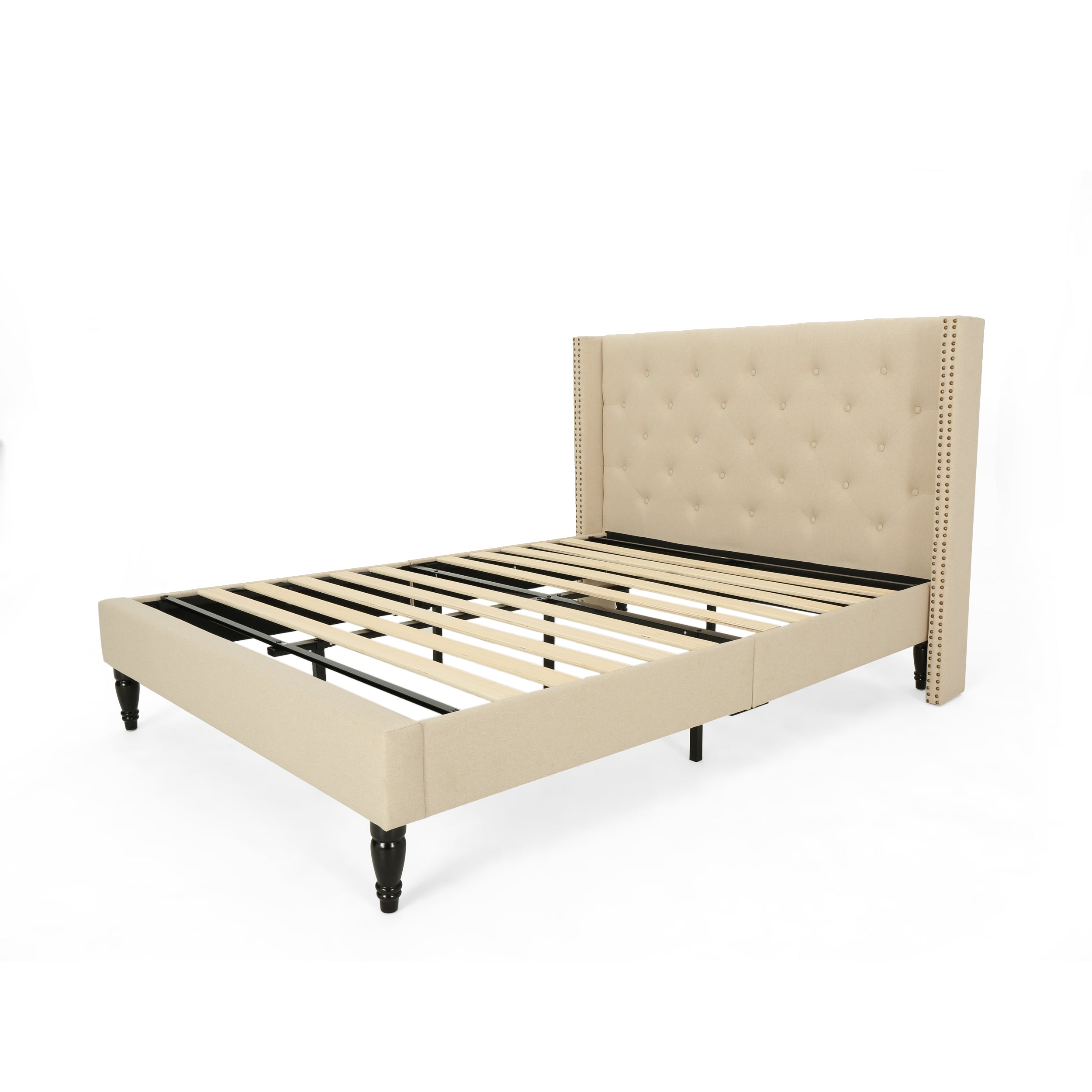 Ray Contemporary Rhinestone-Tufted Wingback Bed Frame with Nailhead Trim